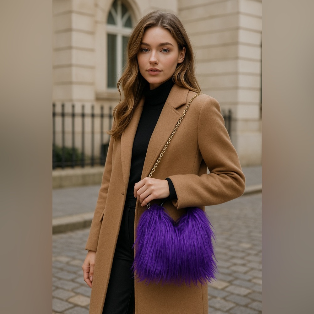 Vibrant Purple Fluffy Faux Fur Shoulder Crossbody Bag - Picture 7 of 7
